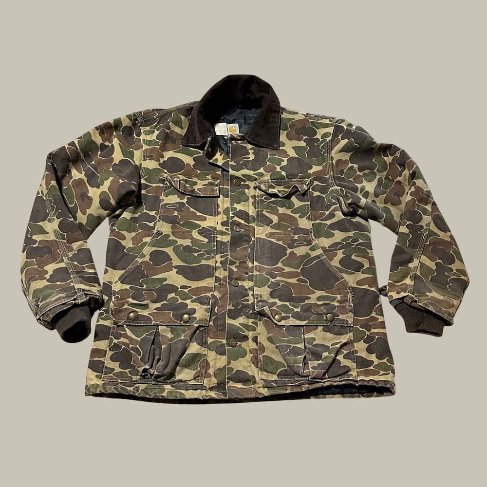 Vintage Carhartt Duck Camouflage Hunting Jacket CQ123 Men Large Quilt Lined 80s
